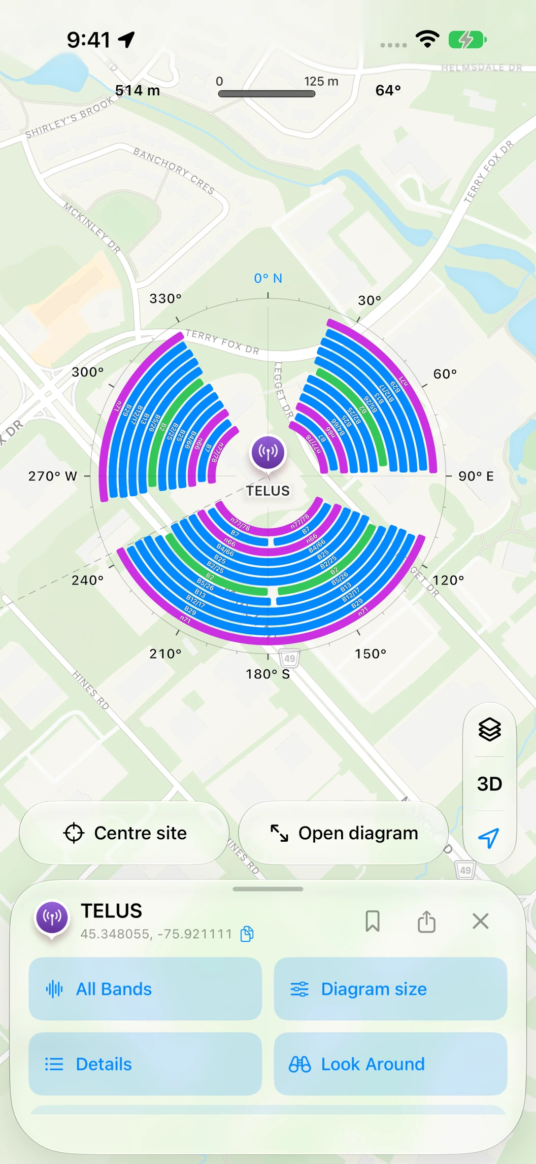 North Towers on iPhone 18 Pro Max: a complete multi-band antenna diagram over the online map.