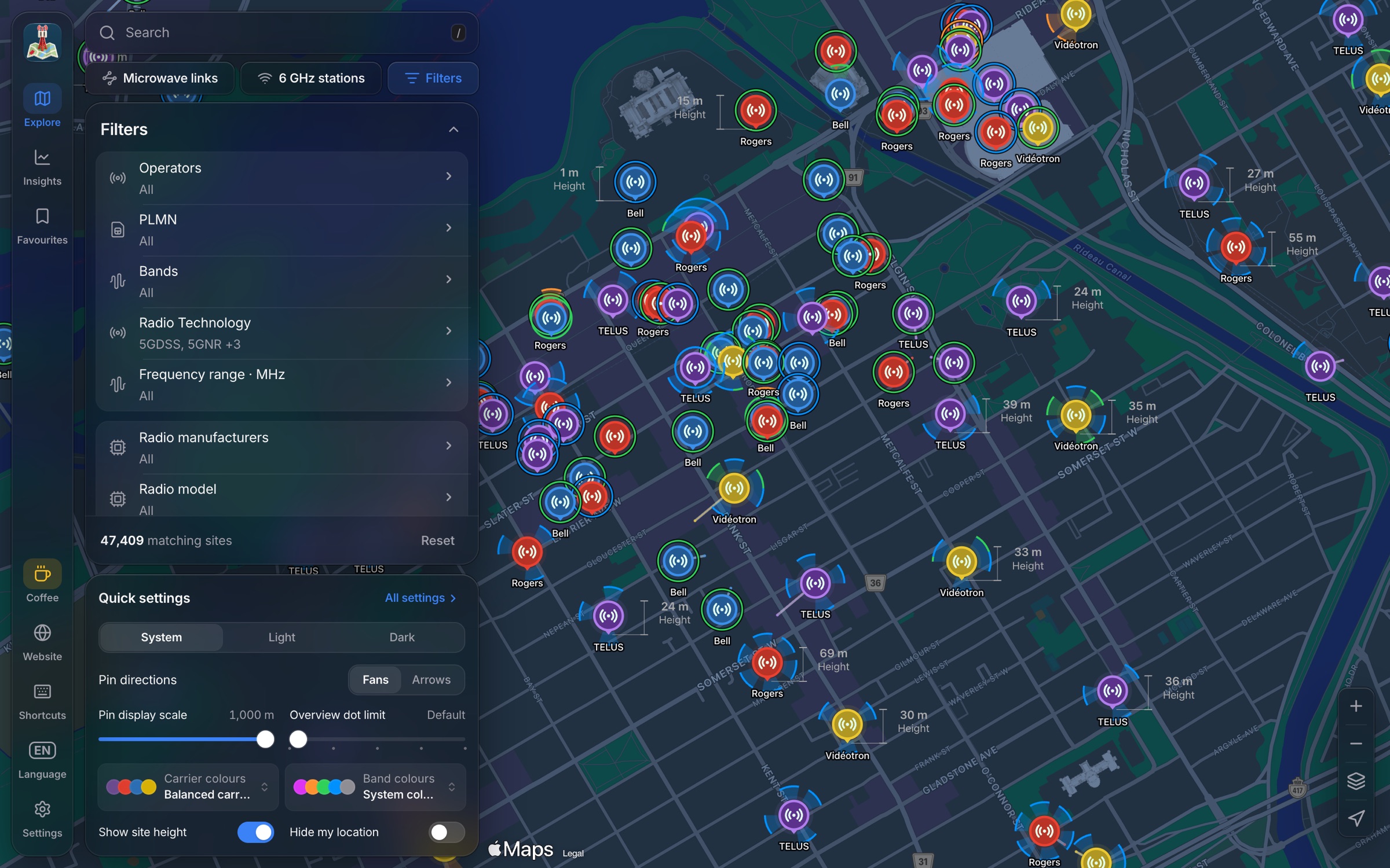North Towers Web App: downtown Ottawa with site pins and antenna directions, beside filters and quick settings
