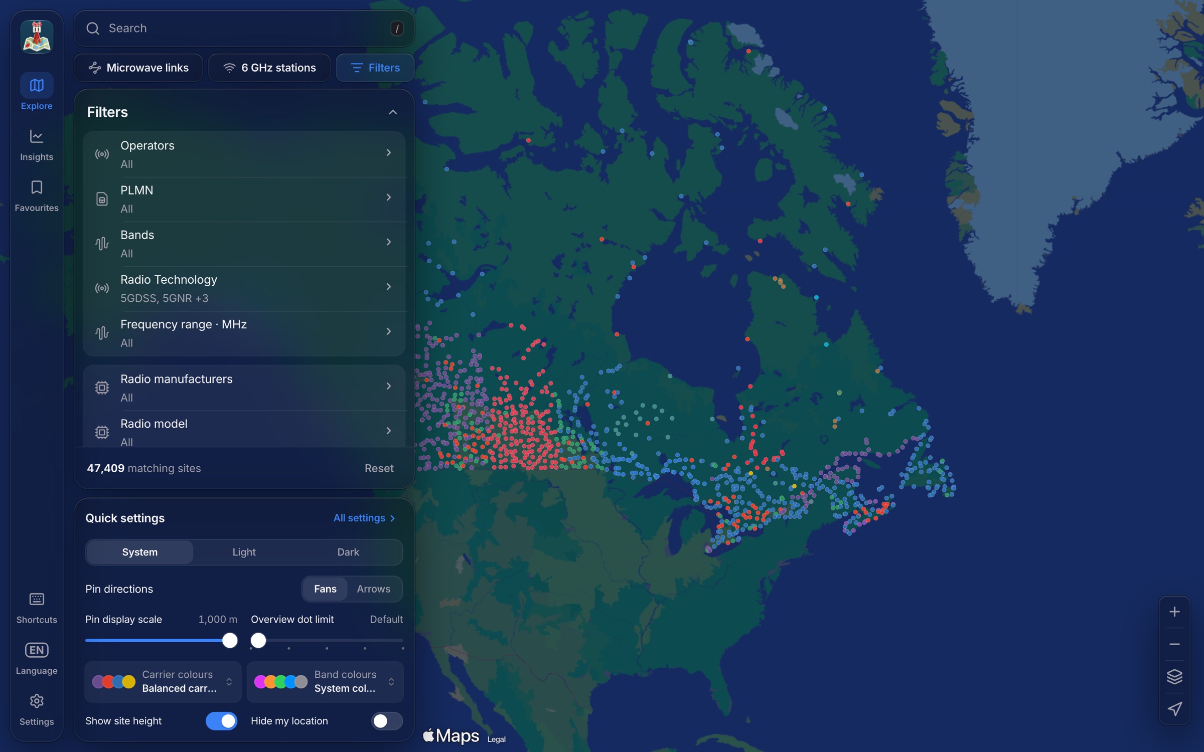 North Towers Web App: map of Canada with filters and quick settings